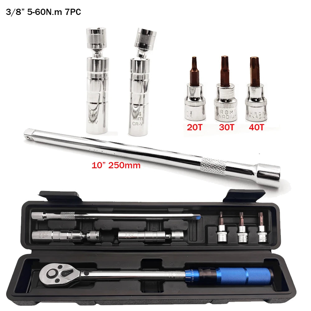 3/8" Drive Torque Wrench 5-60N.m 7-Piece Set - Wrench with seven metric sockets laid out on white background | Wrench Haus