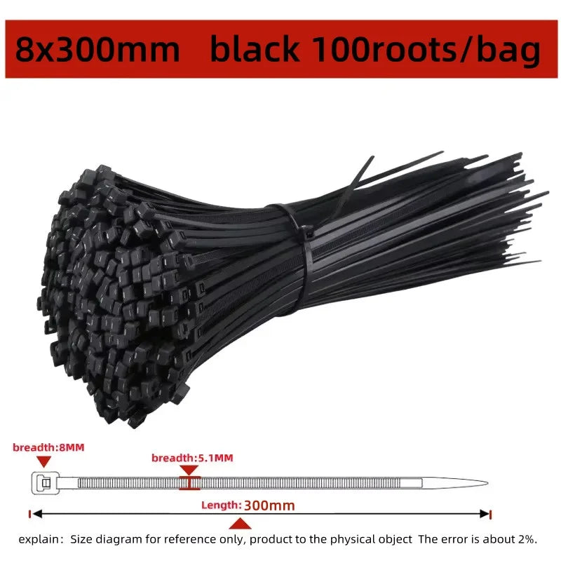 Black Nylon Zip Ties 8x300mm - Bundle of 100 black zip ties with 8mm width and 300mm length dimension callout | Wrench Haus