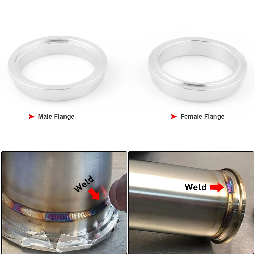Stainless male and female V-band flanges, with close-ups showing where each flange is welded to pipe | Wrench Haus