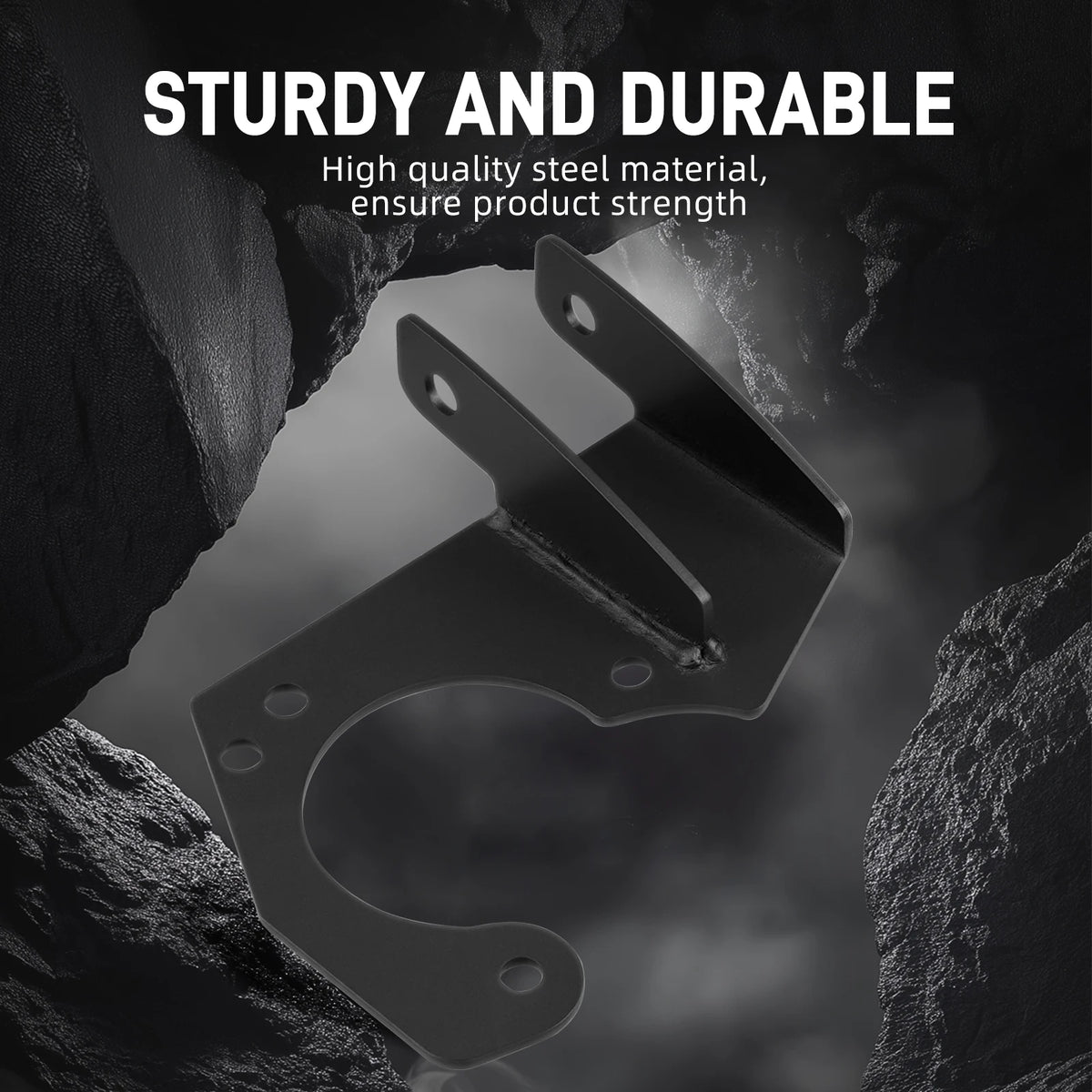 Front strut tower brace bracket, black steel mount plate close-up | Wrench Haus