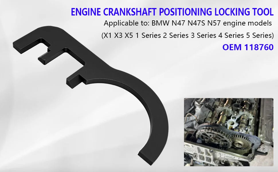 Crankshaft positioning locking tool 118760 for BMW diesel engines, side layout with engine inset | Wrench Haus