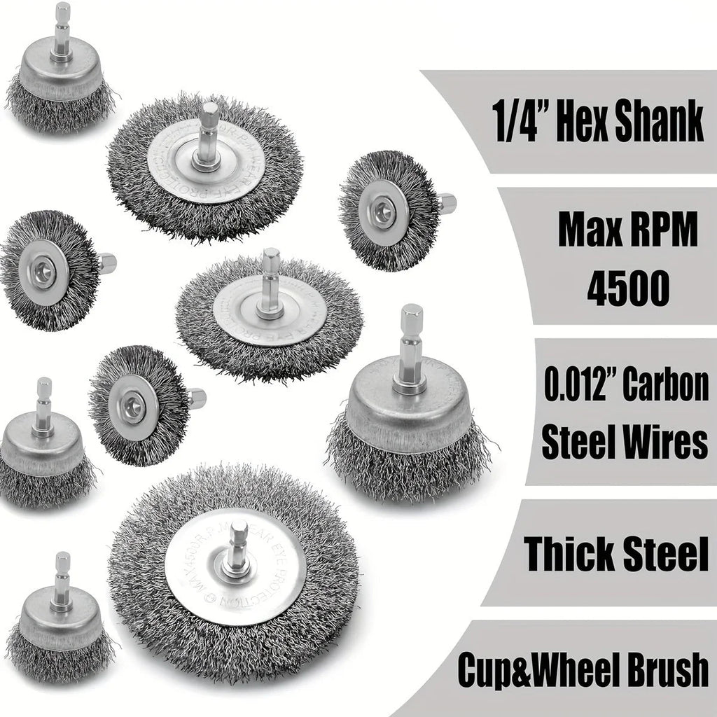 Wire Brush Wheel Set - Spec callout showing 1/4" hex shank, max 4500 RPM, 0.012" carbon steel wire, cup and wheel brush types | Wrench Haus