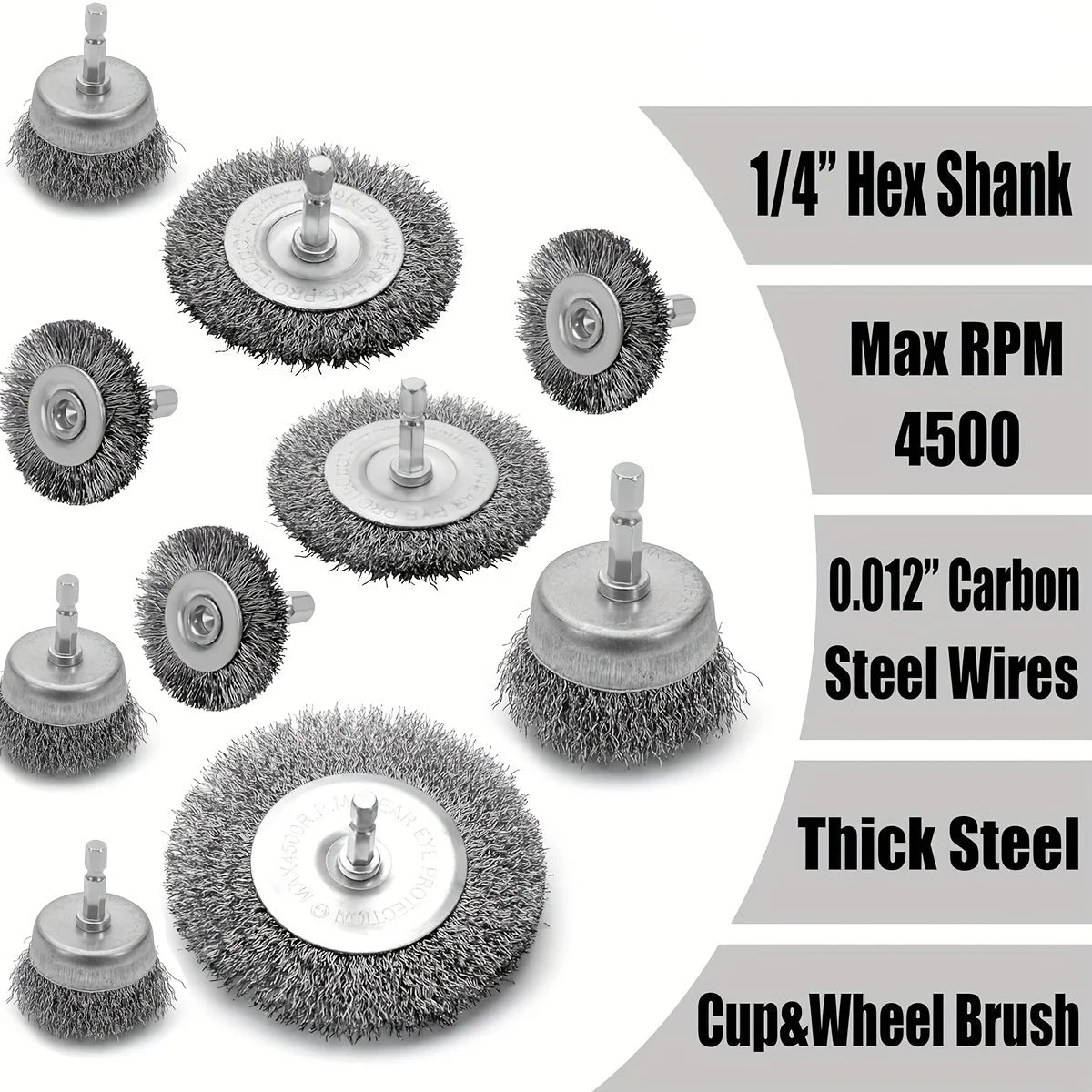 Wire Brush Wheel Set - Spec callout showing 1/4" hex shank, max 4500 RPM, 0.012" carbon steel wire, cup and wheel brush types | Wrench Haus