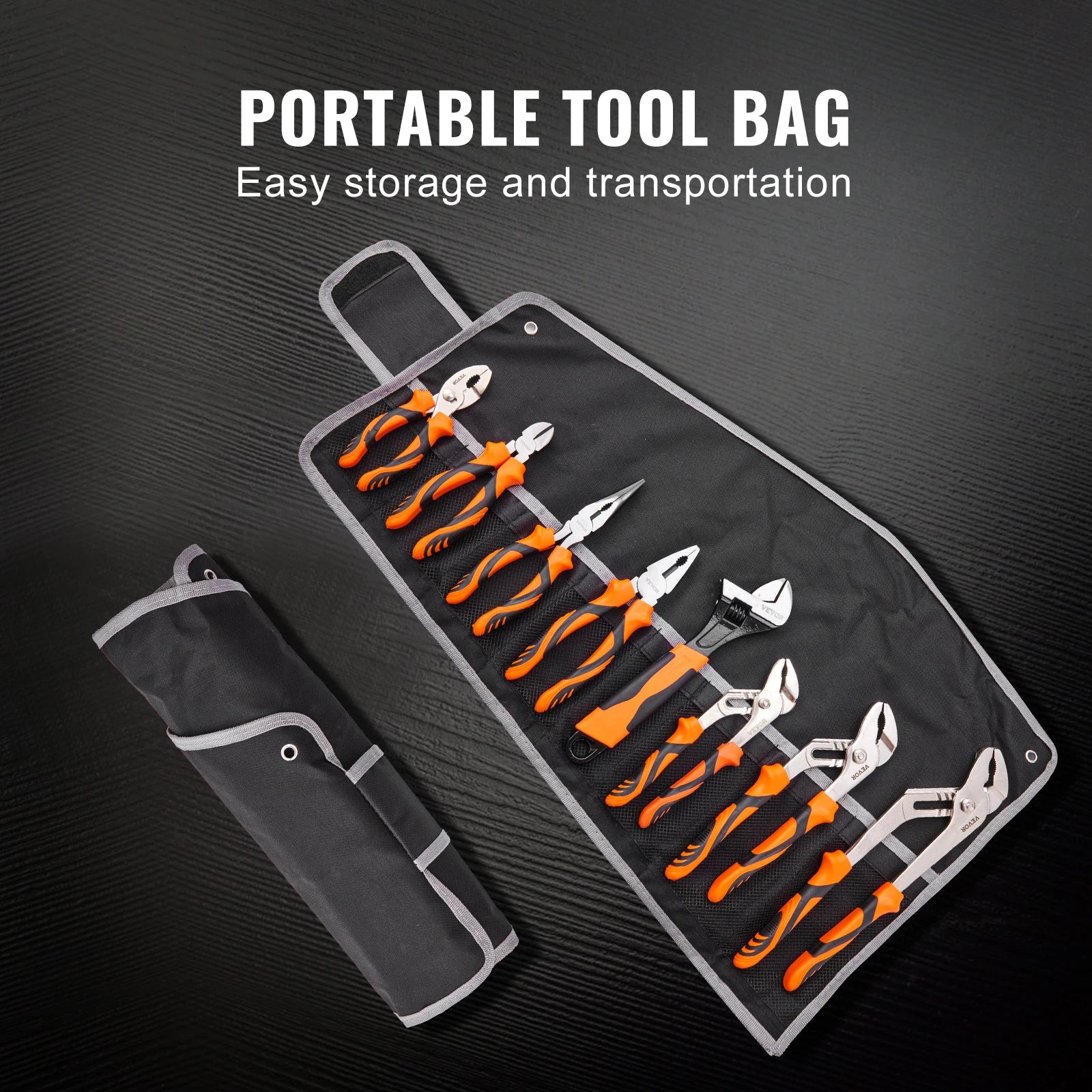 8-Piece Professional Pliers & Wrench Set - Portable tool bag feature showing all 8 tools packed and organized in included roll bag | Wrench Haus