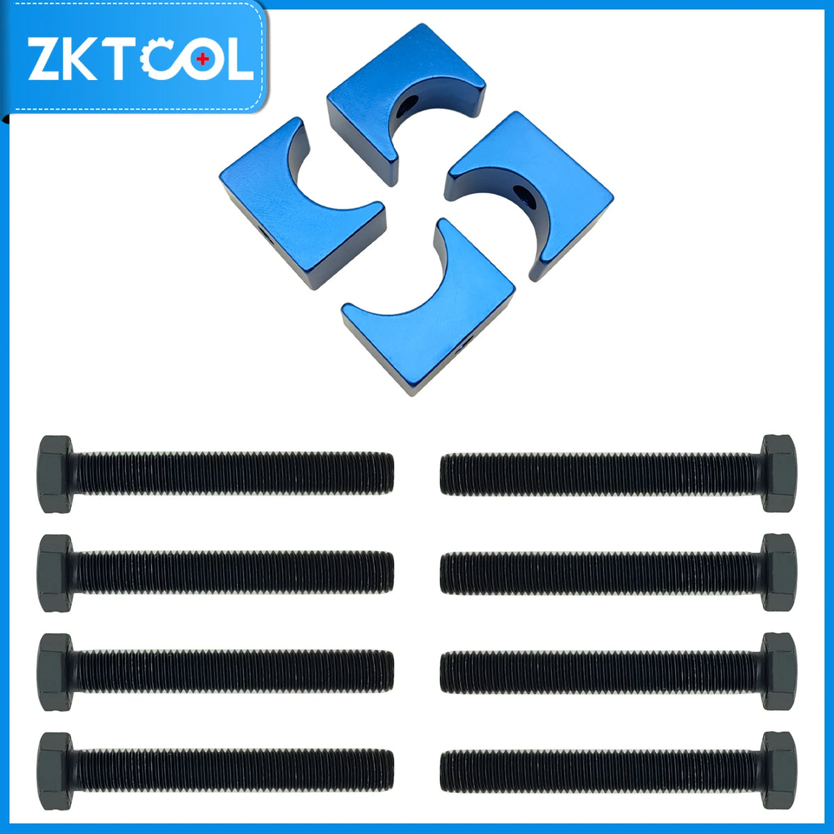Blue clamp blocks and eight long black bolts from the Mercedes M270/M274 camshaft timing tool set | Wrench Haus