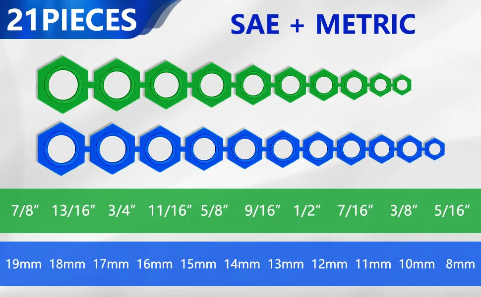 Alternate size chart of the 21 magnetic socket inserts with SAE and metric markings under each row | Wrench Haus