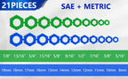 Alternate size chart of the 21 magnetic socket inserts with SAE and metric markings under each row | Wrench Haus