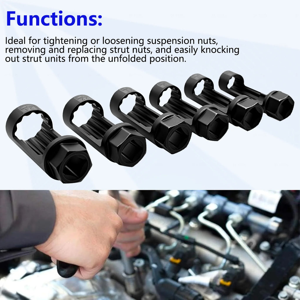 Strut nut sleeves lined up on their sides, with photo of a hand loosening a suspension strut nut | Wrench Haus