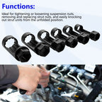 Strut nut sleeves lined up on their sides, with photo of a hand loosening a suspension strut nut | Wrench Haus
