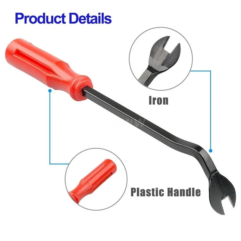 Red-handled clip removal pry tool with iron forked tip and plastic handle labeled | Wrench Haus