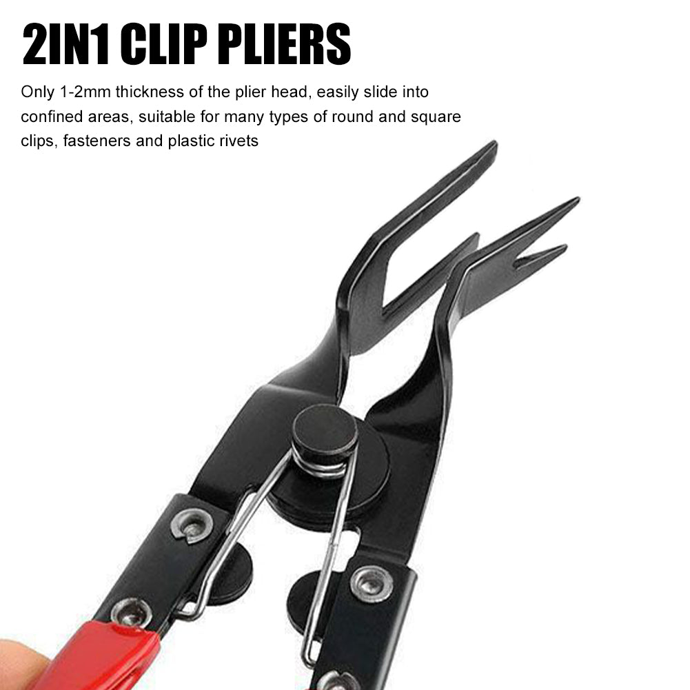 Close-up of the forked trim clip plier head and pivot for reaching tight spaces | Wrench Haus