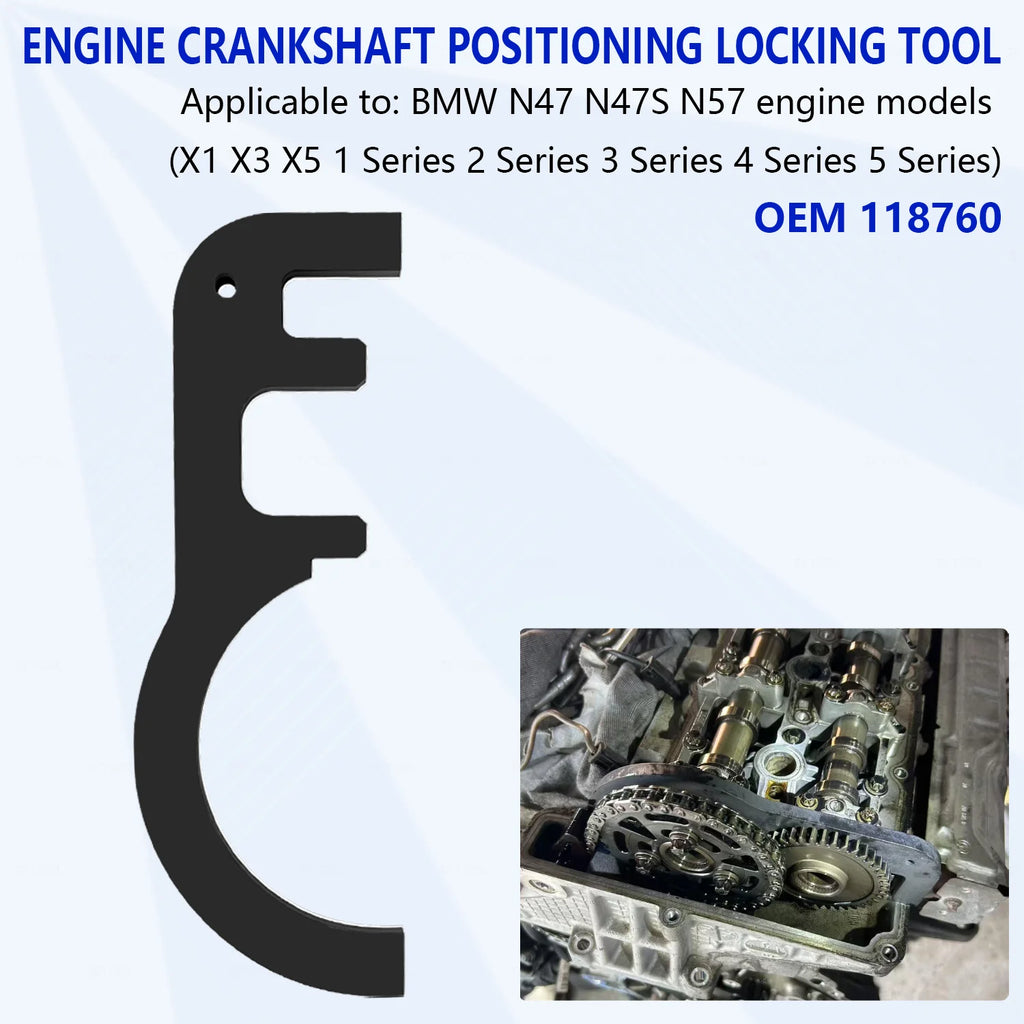 Black crankshaft positioning locking tool, OEM 118760, for BMW B37/B47 with inset on engine | Wrench Haus