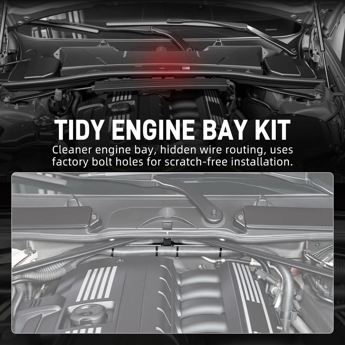 Steel engine wire harness bracket installed across a BMW inline-six engine bay, with routing callouts | Wrench Haus