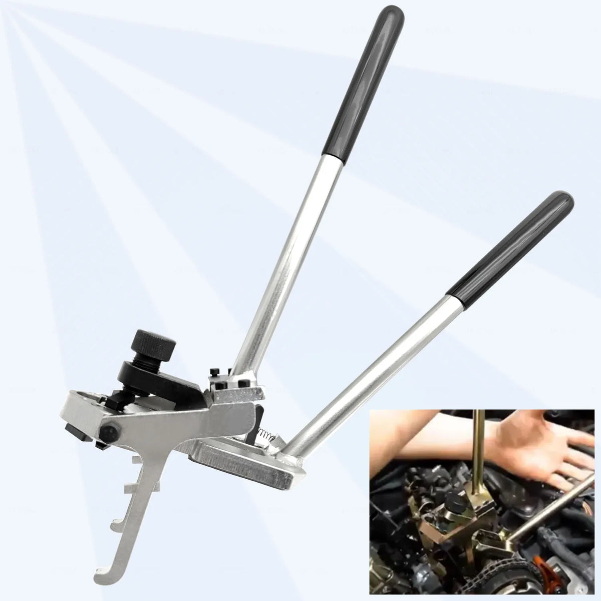 BMW N52/N54/N55 valve spring compressor with handles spread open, inset of hands using it on engine | Wrench Haus