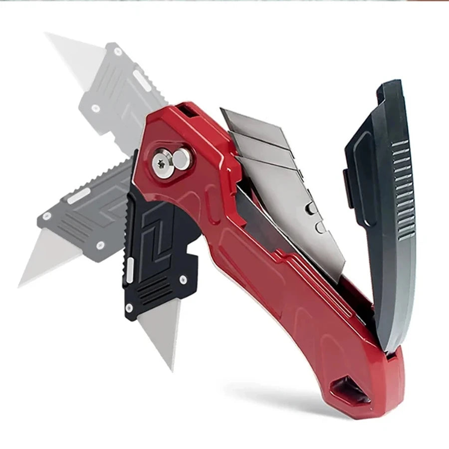 Folding Utility Knife - Red handle utility knife open at angle showing replaceable blade mechanism and blade storage | Wrench Haus