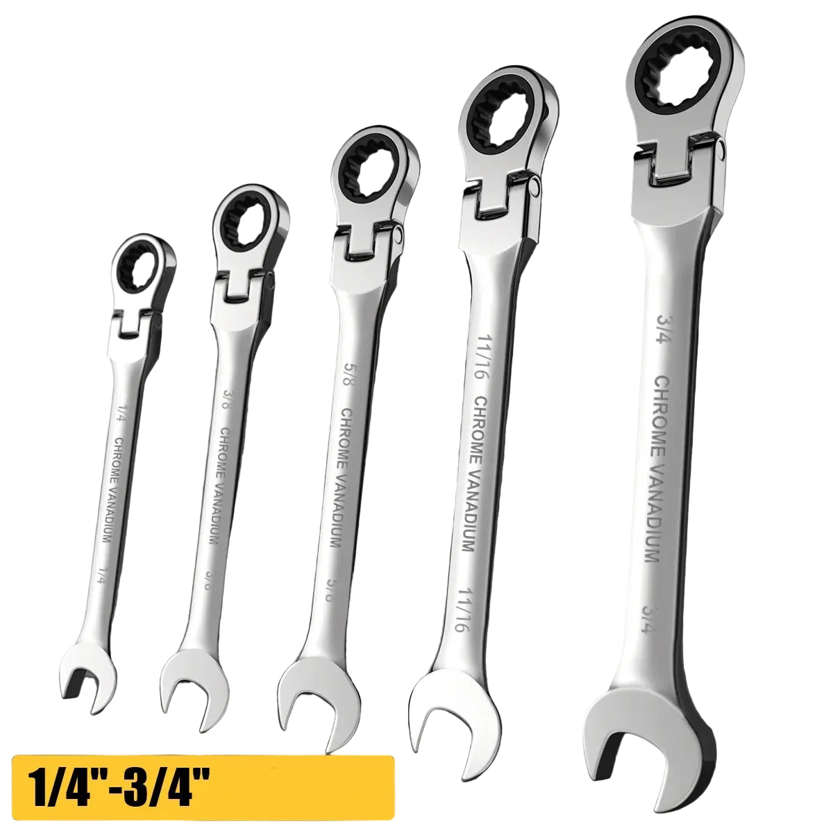 SAE flex-head ratcheting wrench set, 1/4-3/4 inch
