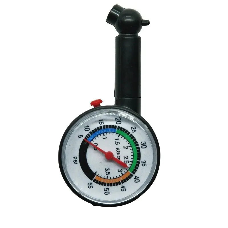 Analog Tire Pressure Gauge - Full view of black dial tire pressure gauge with color-coded PSI scale and valve chuck | Wrench Haus