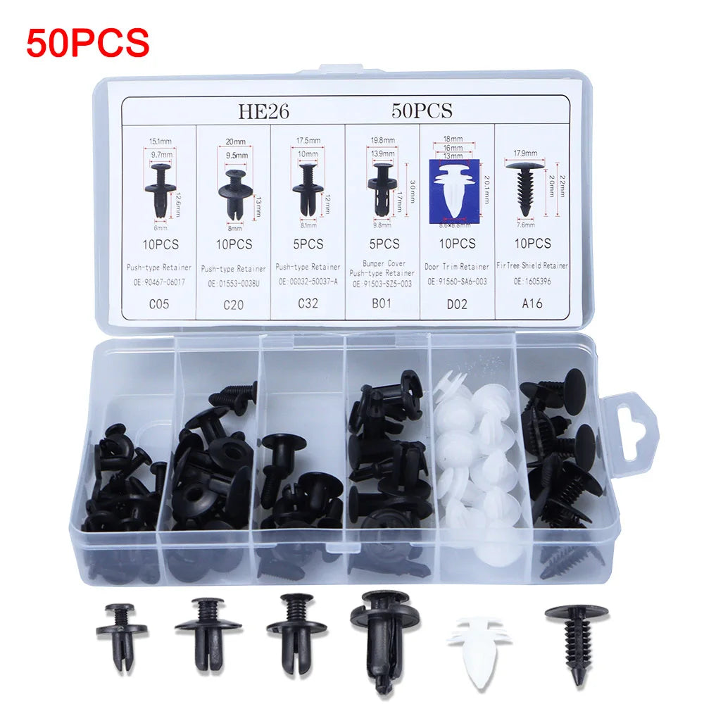 50-piece push retainer clip kit in compartment case with sample clips below | Wrench Haus