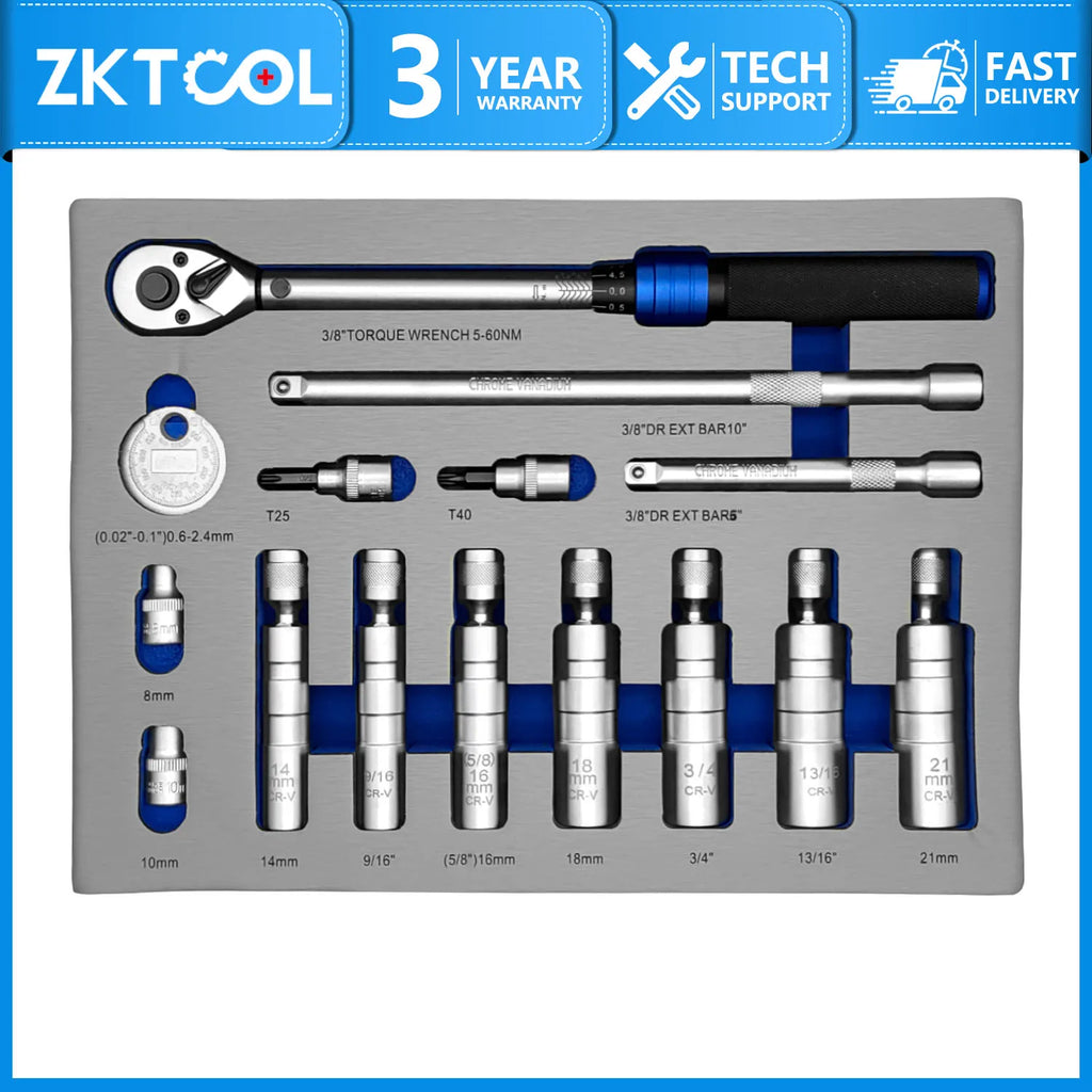 15-piece magnetic spark plug socket set in foam tray with ratchet, extensions, sockets and gapper | Wrench Haus