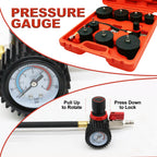 Turbo boost leak tester kit pressure gauge close-up with pull-to-rotate valve | Wrench Haus