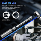 Spark plug socket on extension and ratchet used in an engine bay, with 3/8" drive callouts | Wrench Haus