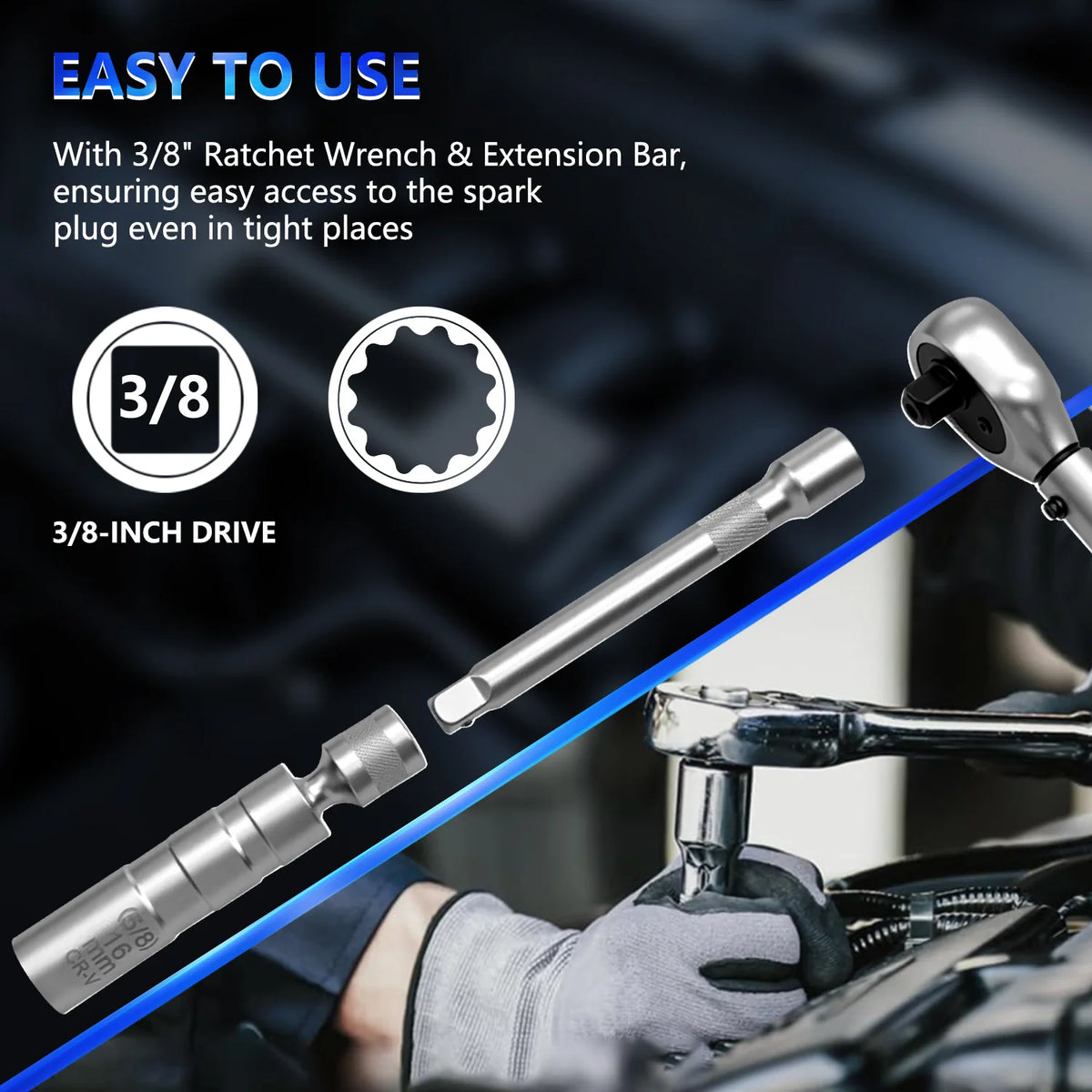 Spark plug socket on extension and ratchet used in an engine bay, with 3/8" drive callouts | Wrench Haus