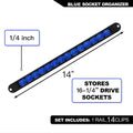 360° Swivel Socket Organizer Rail - 1/4 inch drive rail spec showing 14 inch length storing up to 16 quarter-inch drive sockets | Wrench Haus