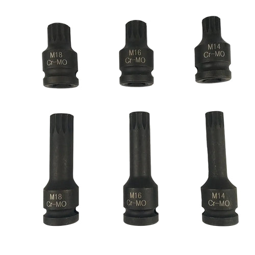 6-Piece Spline Socket Wrench Set M14-M18 1/2" Drive - Full 6-piece set of black Cr-Mo spline impact sockets on white background | Wrench Haus