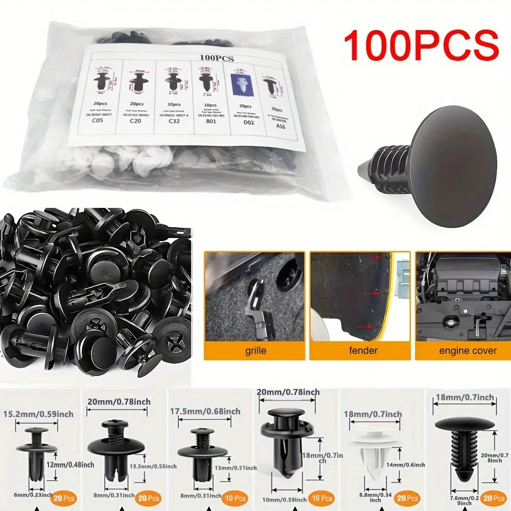 100-piece bagged push retainer clip kit with size chart and application photos | Wrench Haus