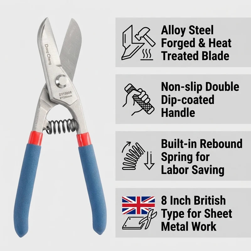 Tin snips cutting through sheet metal