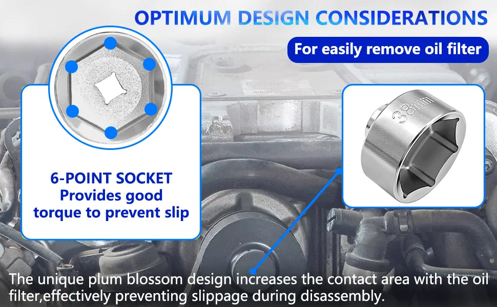Oil filter cap socket 6-point drive design detail with plum blossom profile callout | Wrench Haus