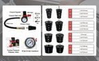 Turbo boost leak tester kit parts diagram with gauge, release valve and adapters | Wrench Haus