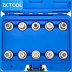 Top-down view of the BMW wheel lock key sockets seated in the blue case showing each key pattern | Wrench Haus