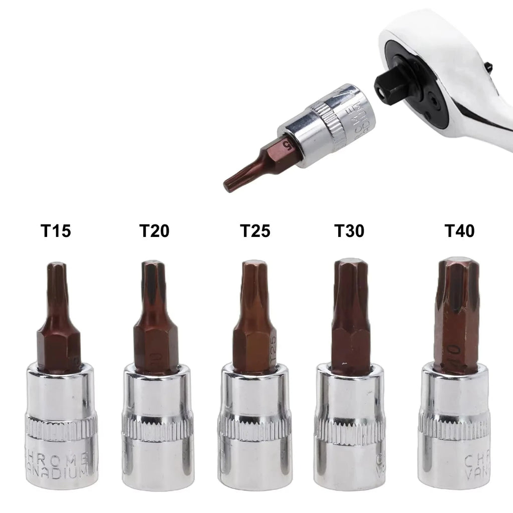 5-Piece Torx Socket Bit Set T15 T20 T25 T30 T40 - 1/4 Inch Drive Chrome Vanadium | Wrench Haus