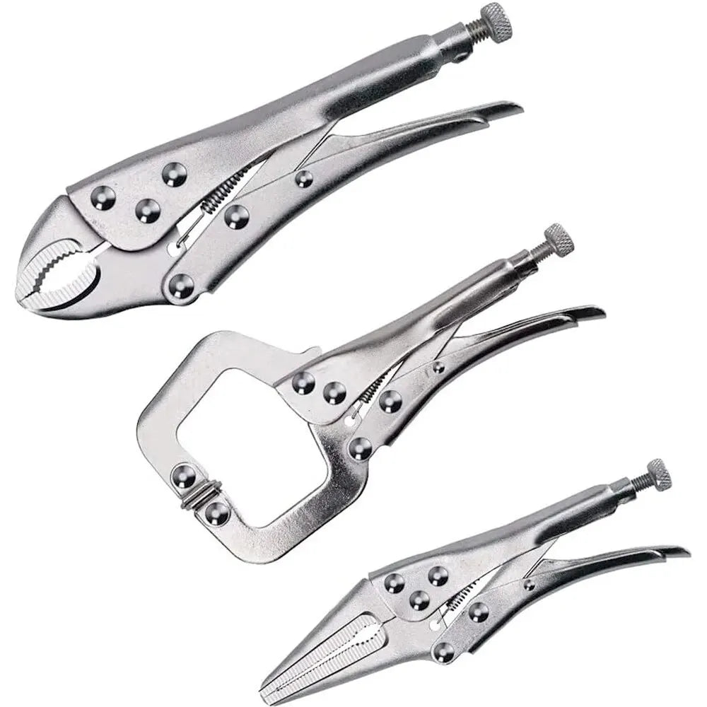 7" Locking Pliers Set - Three chrome locking pliers fanned out showing pointed, round, and C-clamp jaw profiles | Wrench Haus