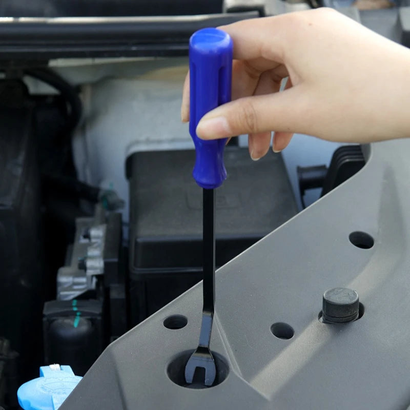 Panel Fastener Removal Tool In Use on Car Door - Blue Handle Trim Clip Pry Tool | Wrench Haus