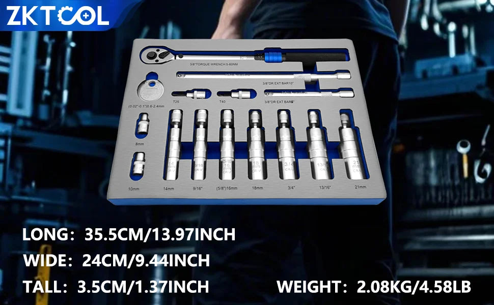 Spark plug socket set foam tray with dimensions 35.5x24x3.5 cm and 2.08 kg weight | Wrench Haus