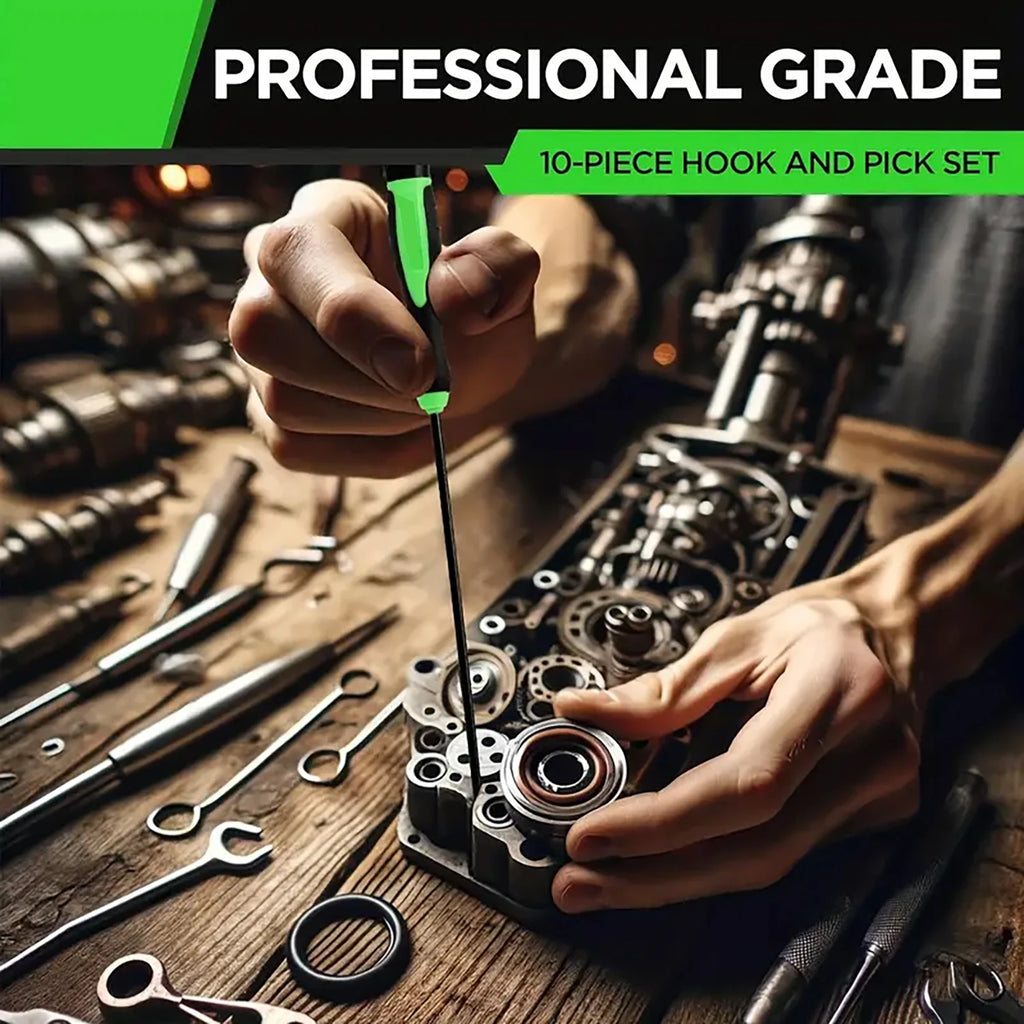 10-Piece Hook & Pick Tool Set - Professional grade callout showing hook and pick tools in use on automotive engine components | Wrench Haus