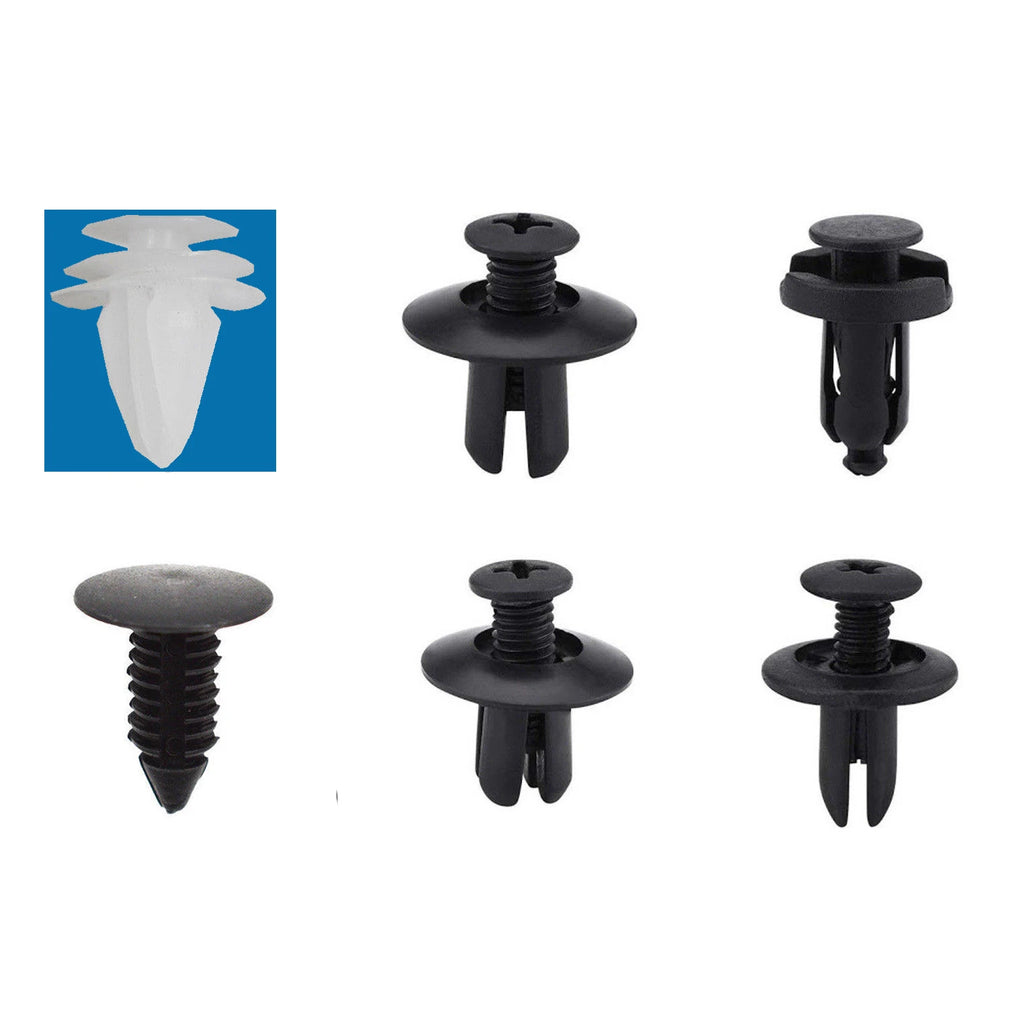Close-up of six push retainer clip styles including white fir-tree and black push rivets | Wrench Haus