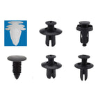 Close-up of six push retainer clip styles including white fir-tree and black push rivets | Wrench Haus