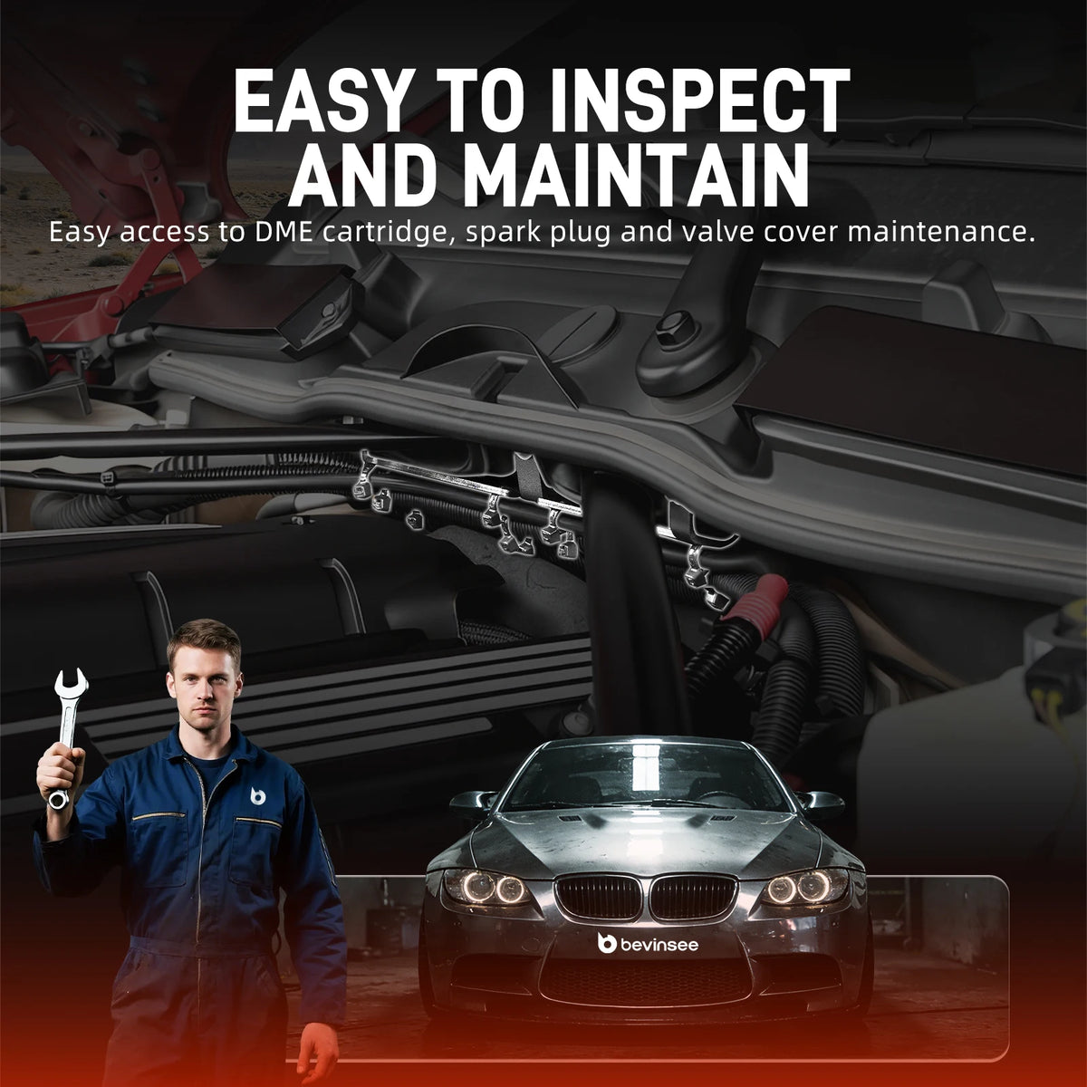 Mechanic holding a wrench beside a BMW, illustrating access to the wire harness bracket area | Wrench Haus