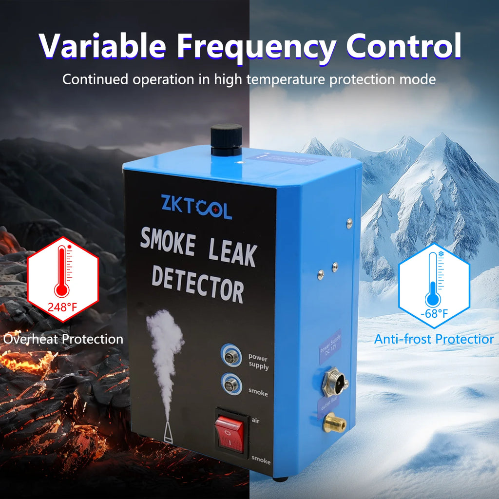 Smoke leak detector front panel with overheat and anti-frost protection callouts | Wrench Haus