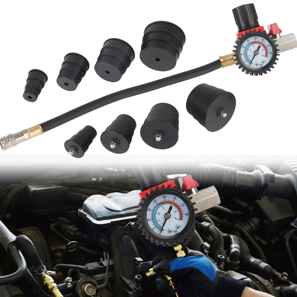 Turbo boost leak tester kit with 90 PSI gauge and adapters, in use on engine | Wrench Haus