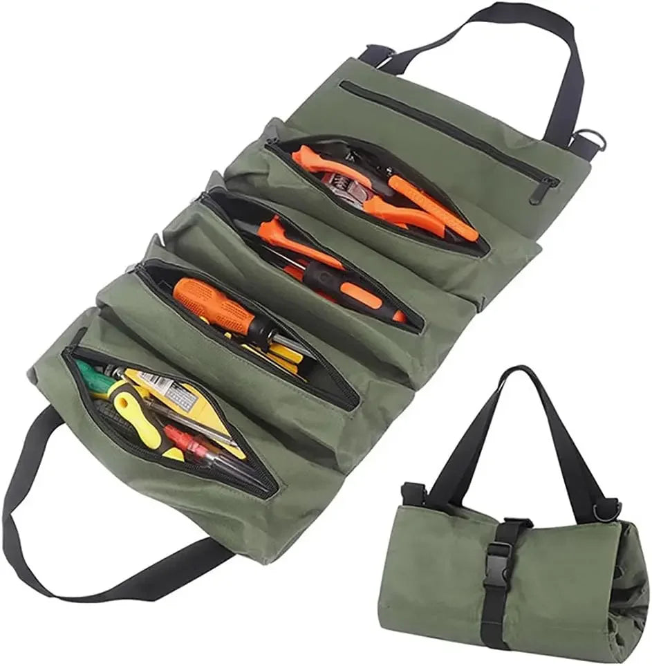 Roll-Up Tool Bag Loaded with Tools and Rolled Duffel - Canvas Multi-Pocket Organizer | Wrench Haus
