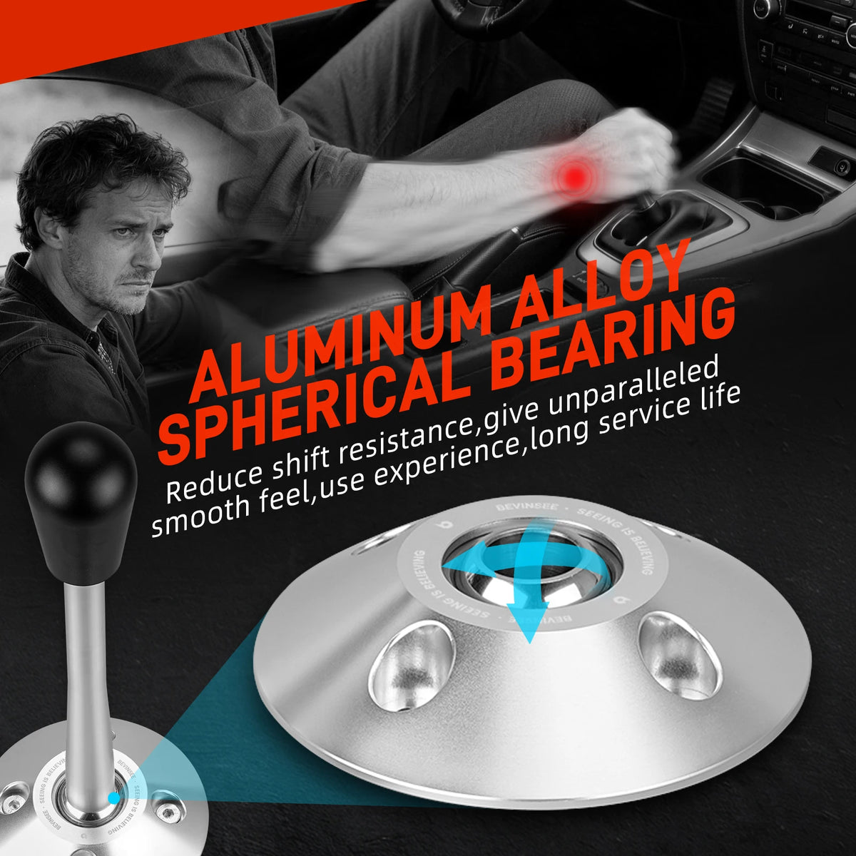 Adjustable short shifter kit aluminum spherical bearing base close-up | Wrench Haus