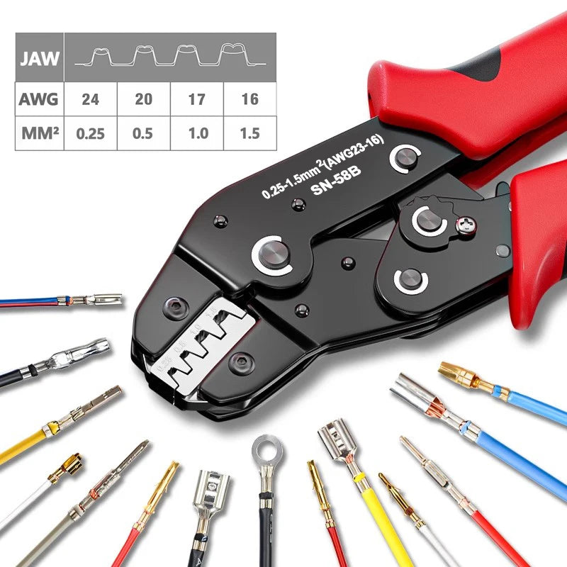 Ratcheting Crimping Tool Set SN-58B - SN-58B ratcheting crimping tool with jaw size chart showing AWG 24-16 and assorted DuPont JST MOLEX terminals | Wrench Haus