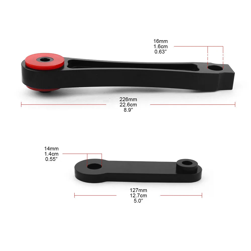 Dogbone engine mount dimensions: 226mm arm and 127mm link with bolt hole sizes | Wrench Haus