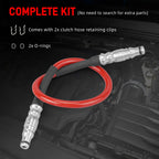Stainless clutch hose kit with red-sheathed line, two retaining clips, two O-rings | Wrench Haus