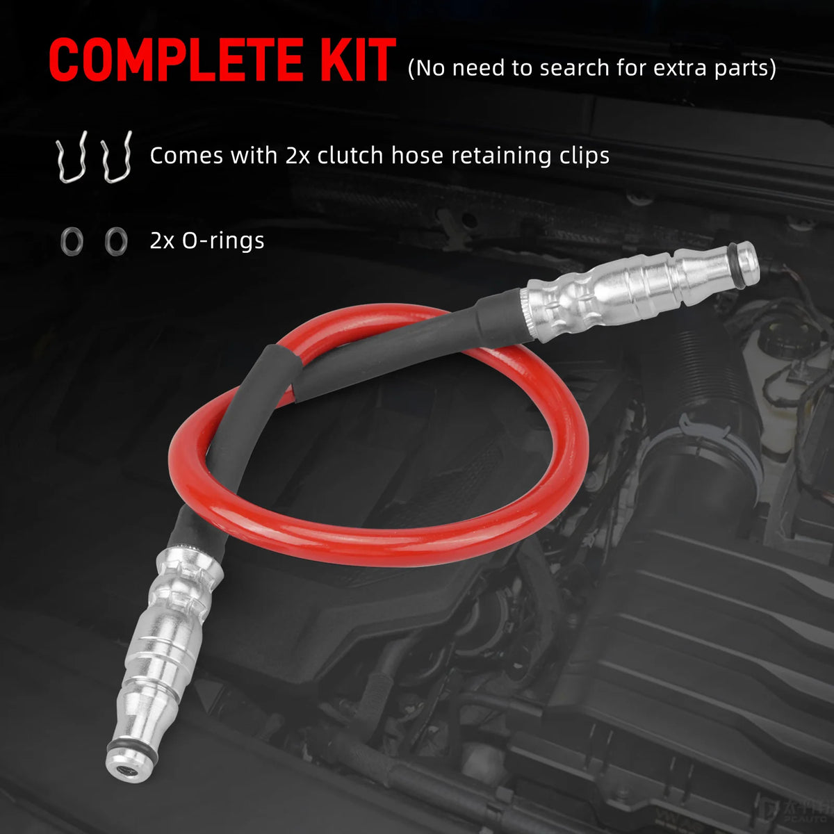 Stainless clutch hose kit with red-sheathed line, two retaining clips, two O-rings | Wrench Haus