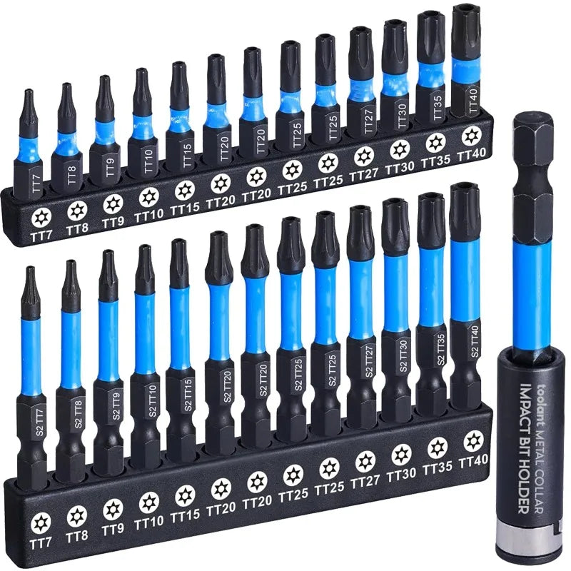  Impact Torx Screwdriver Bit Set - Full S2 steel Torx bit set in magnetic holder showing T7 through T40 sizes with blue hex shanks | Wrench Haus
